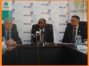 Bruno Pescheux CEO of Bamburi - Albert Mugo KenGen Managing Director and Chairman of the KenGen Foundation, Jean-Paul Deprins Managing Director Better Globe Forestry Limited during the signing of the MoU for the Green Initiative Challenge 24 July 15